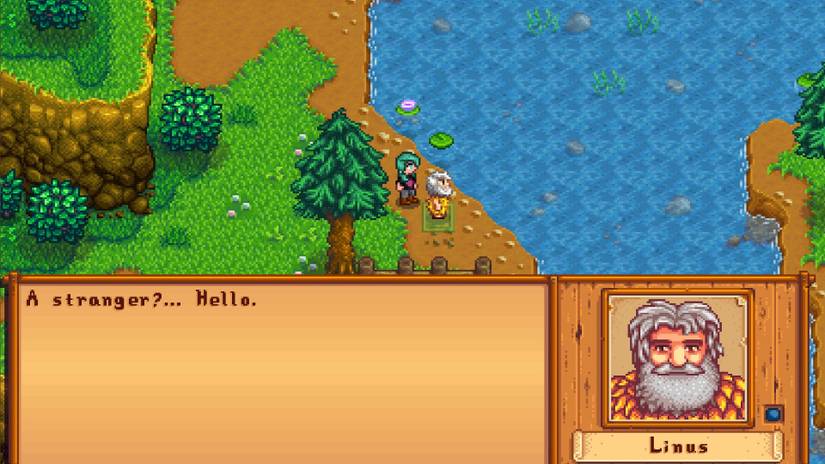 A screenshot of Stardew Valley character Linus