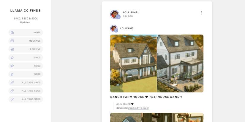 The front page of the Llama CC Finds website with options to download custom content