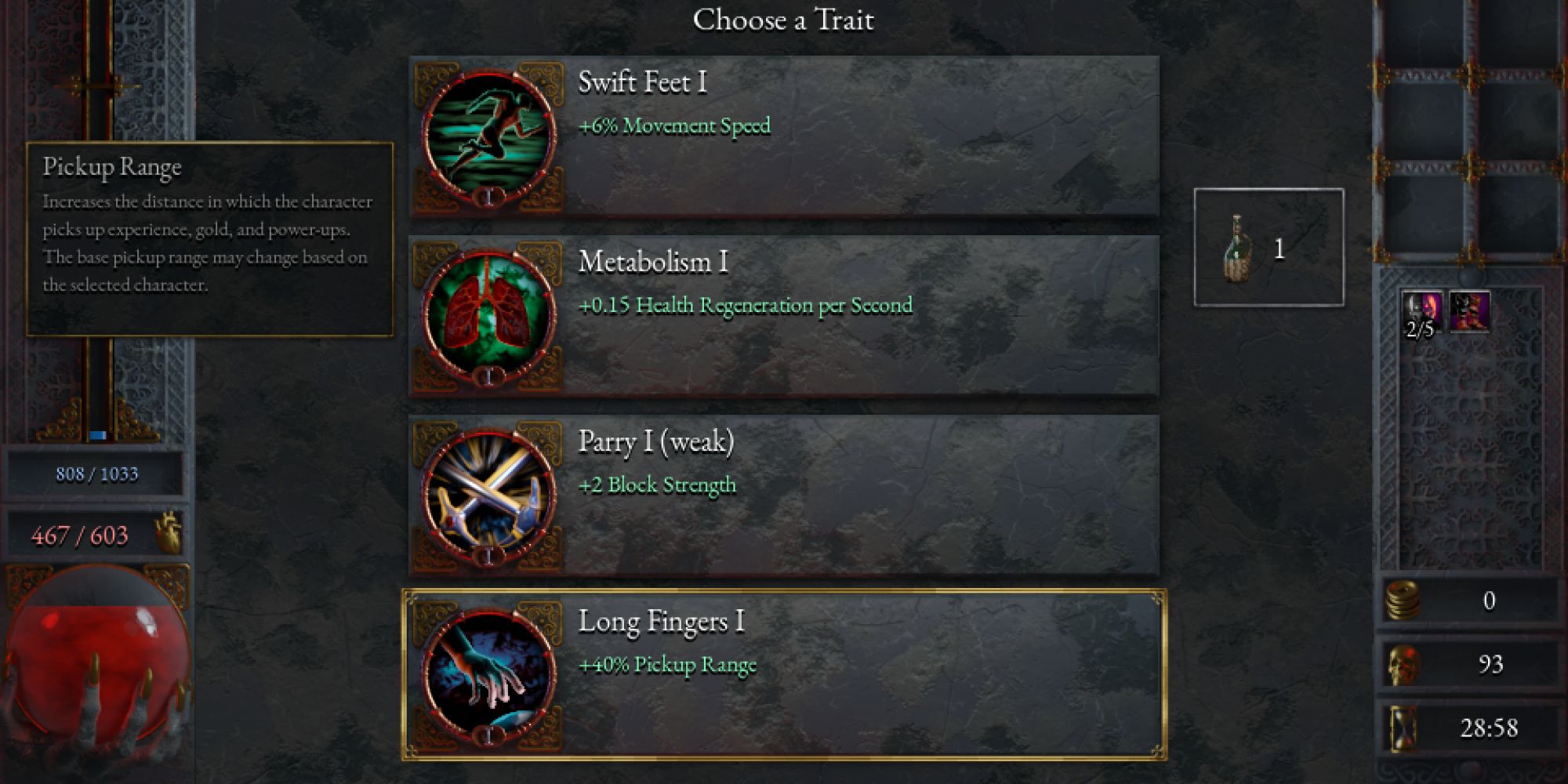 The Long Fingers trait as it appears in the level-up menu in Halls of Torment