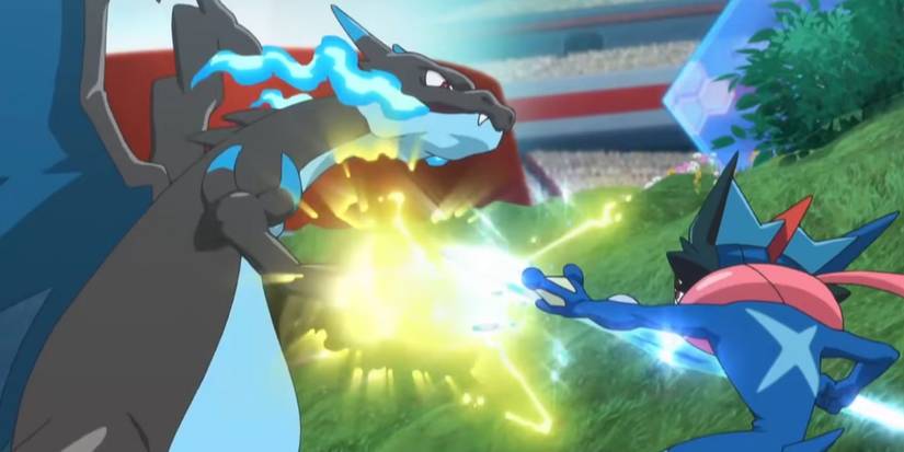 Mega Charizard X facing Ash-Greninja