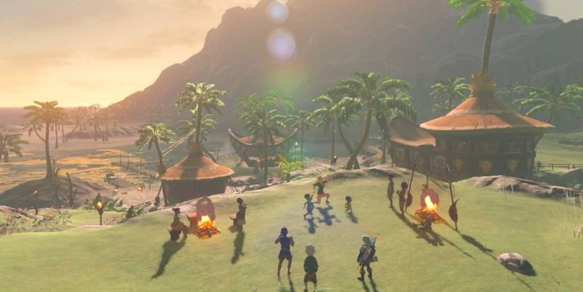 Families thriving in Lurelin Village at sunset in Legend of Zelda Tears of the Kingdom