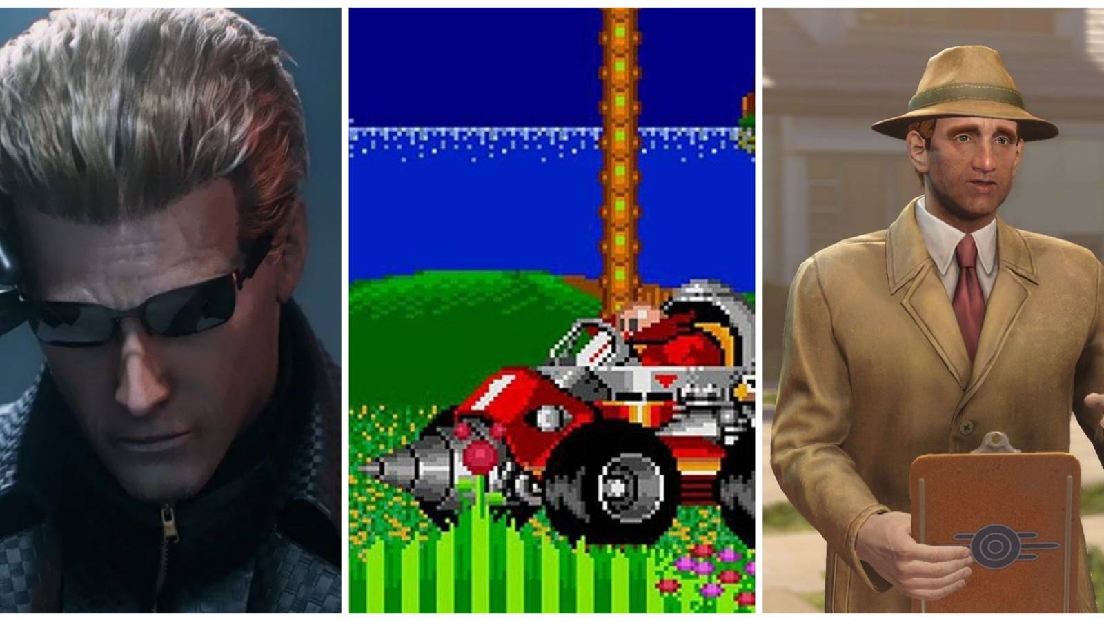 A collage showing three mad scientists: Wesker, Dr Robotnik, and a Vault-Tec representative.