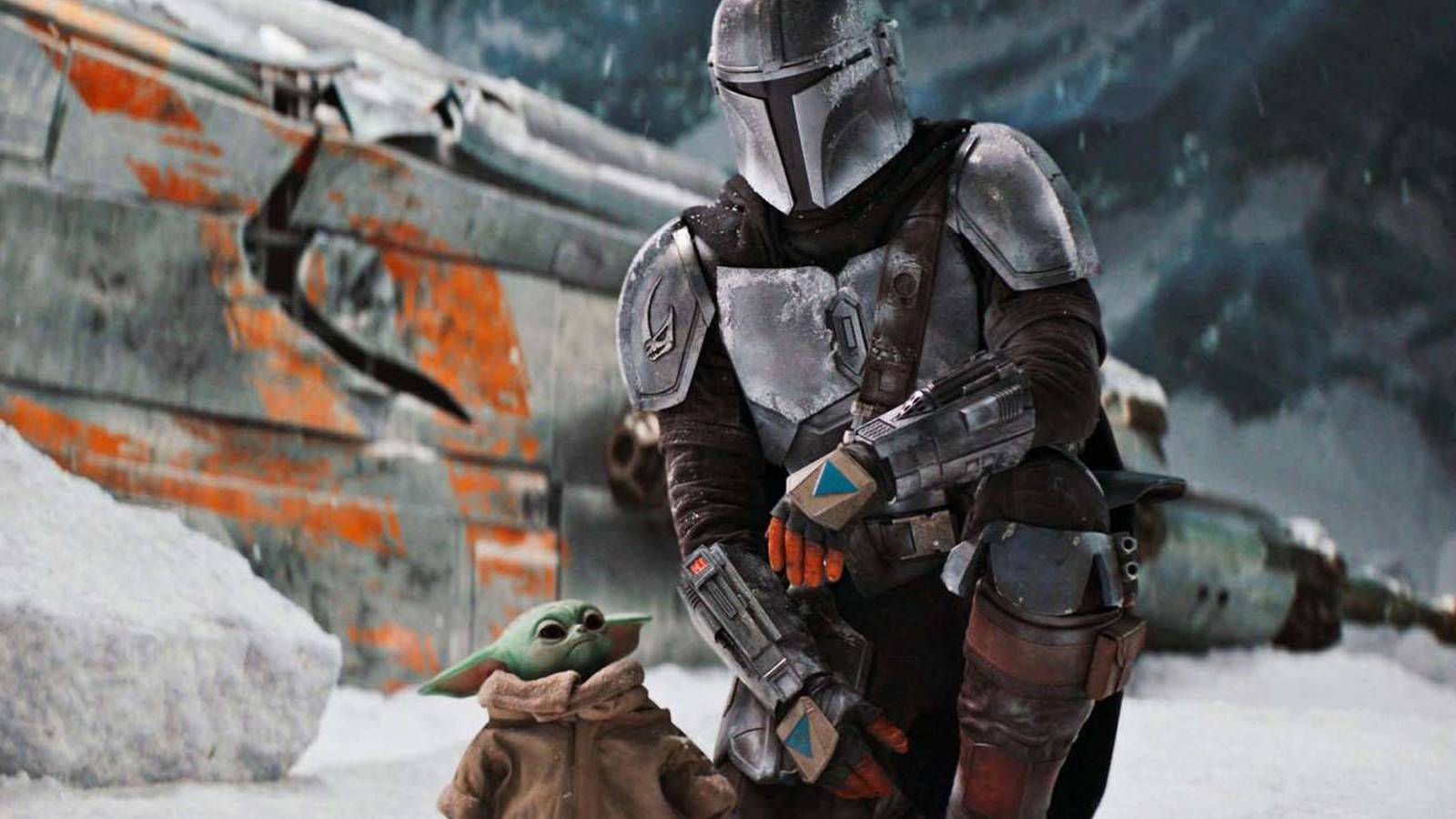 A screenshot of Din Djarin and Grogu landing on an ice planet in The Mandalorian.