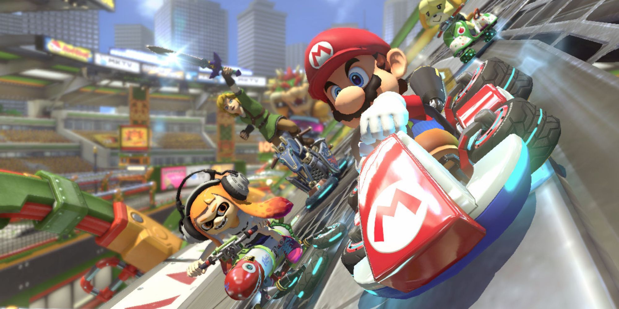 Mario competindo com outros personagens da Nintendo em Mario Kart 8