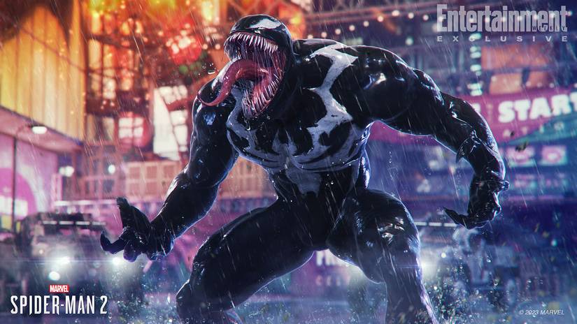 A screenshot of Venom roaring in the rain in the middle of New York City in Marvel's Spider-Man 2.