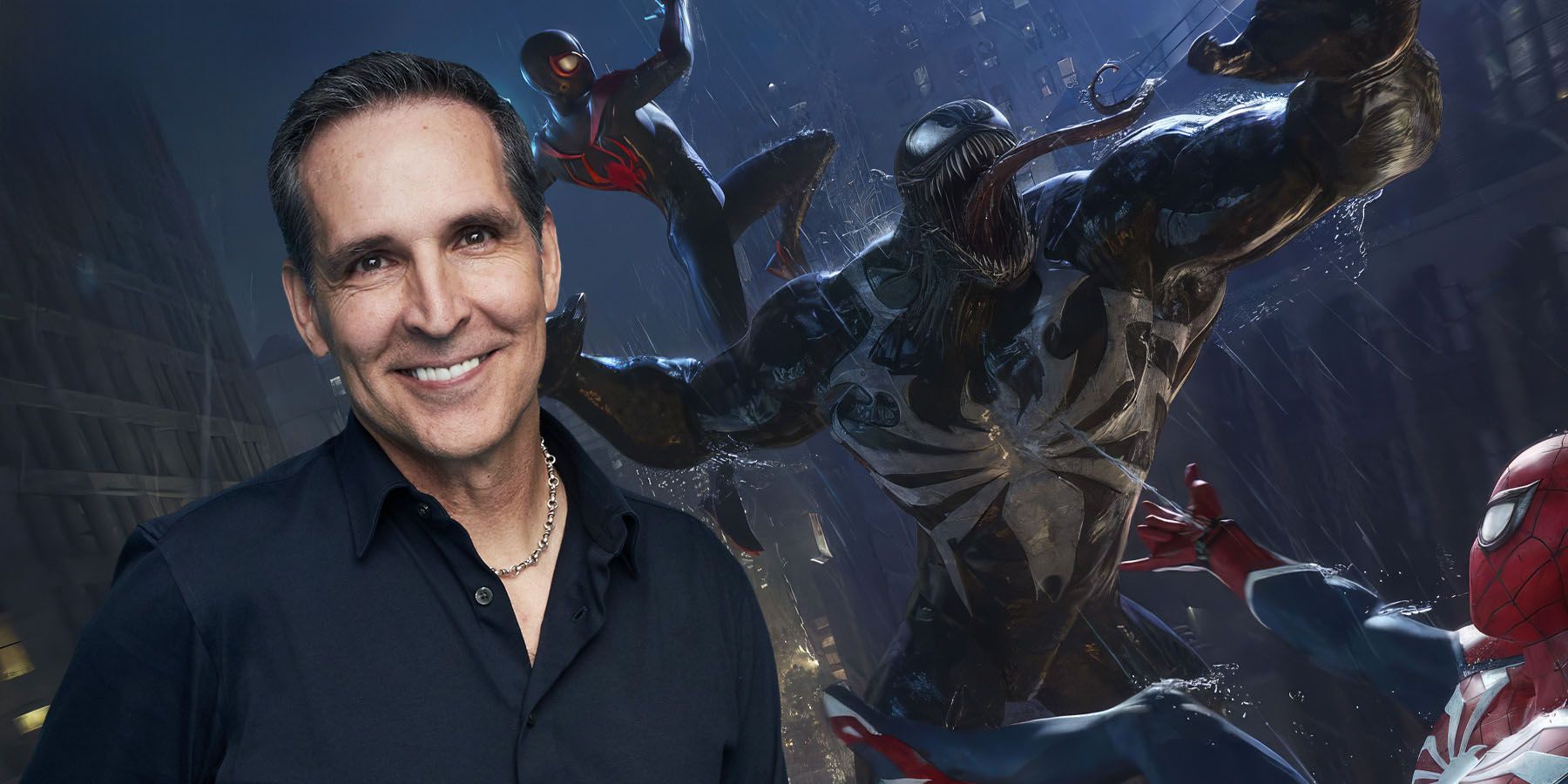 An image of Todd McFarlane inserted into concept art of Venom fighting Peter Parker and Miles Morales in Marvel's Spider-Man 2.