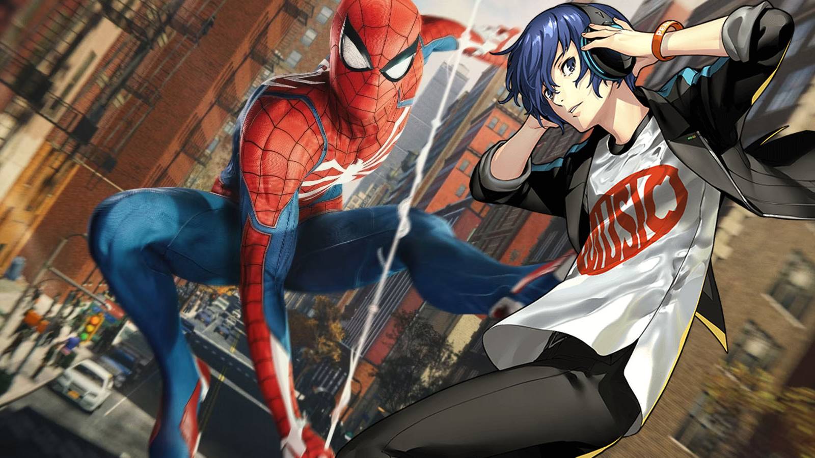 A screenshot of Peter Parker swinging through New York in Marvel's Spider-Man, with an image of Persona 3's Makoto Yuki inserted.