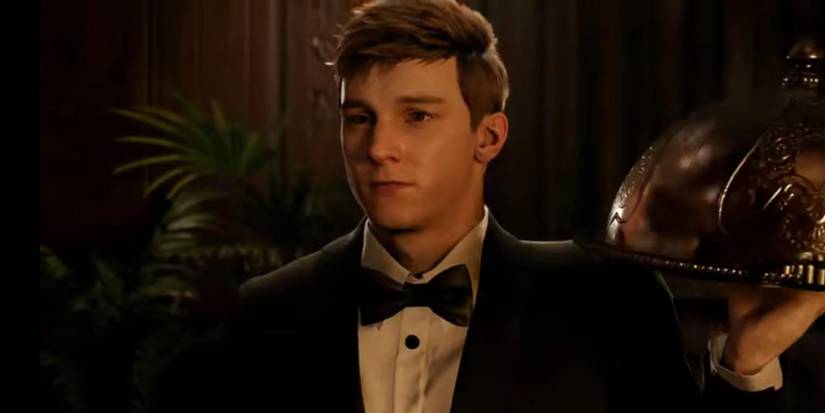 Peter Parker disguised as a waiter holding a serving tray