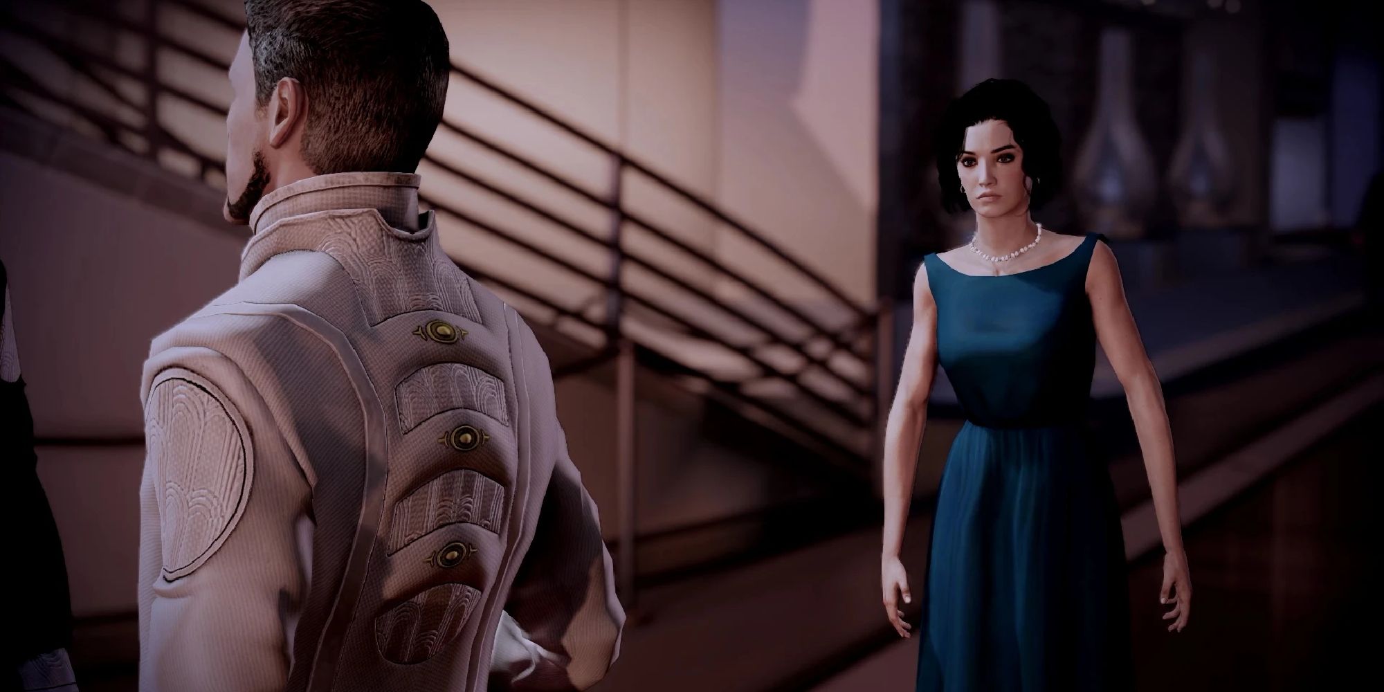 Shepard in Kasumi's DLC mission in Mass Effect 2, dressed in a vintage style gown.