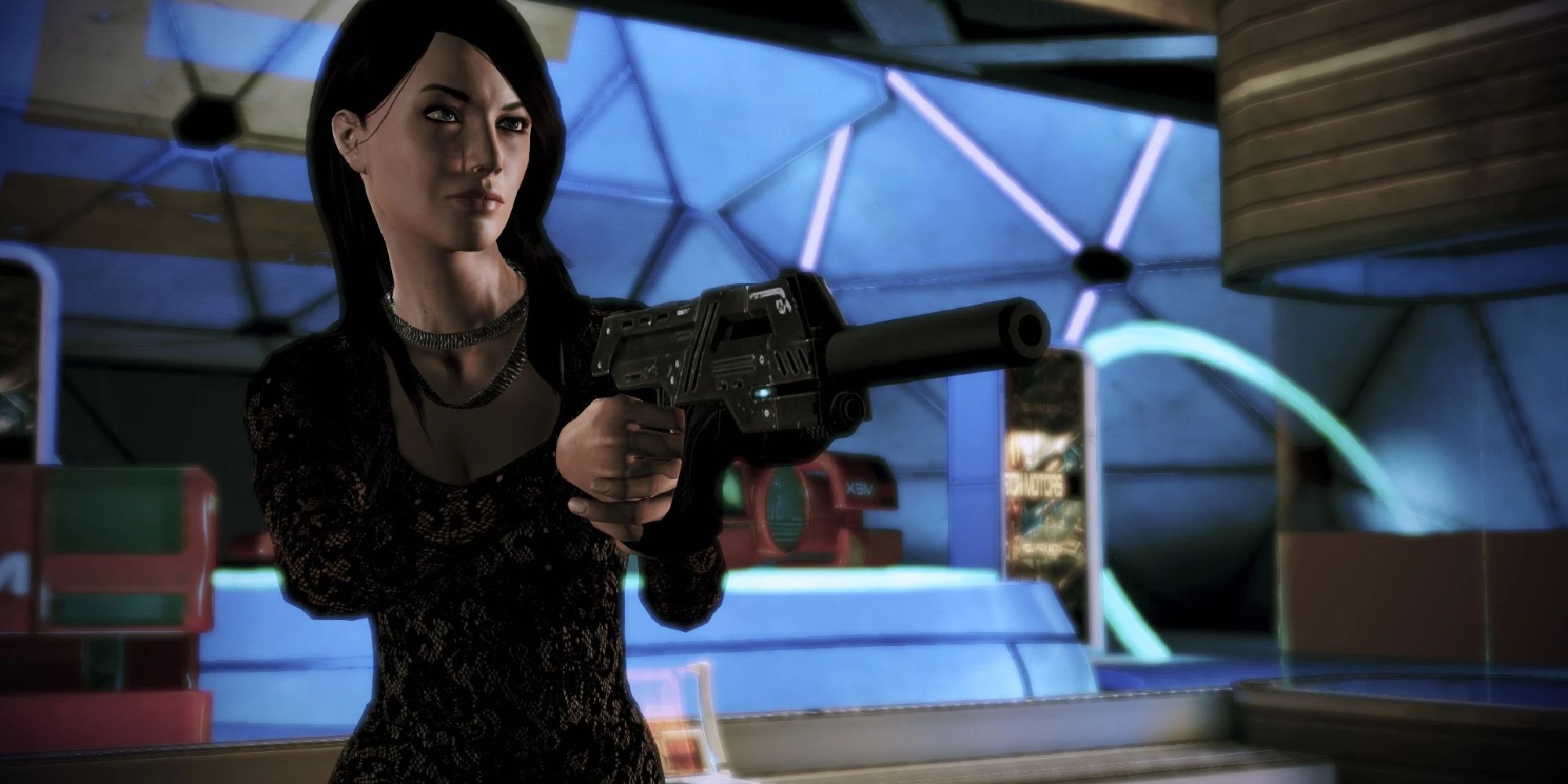 Shepard wearing a lace dress, aiming a gun forward. 