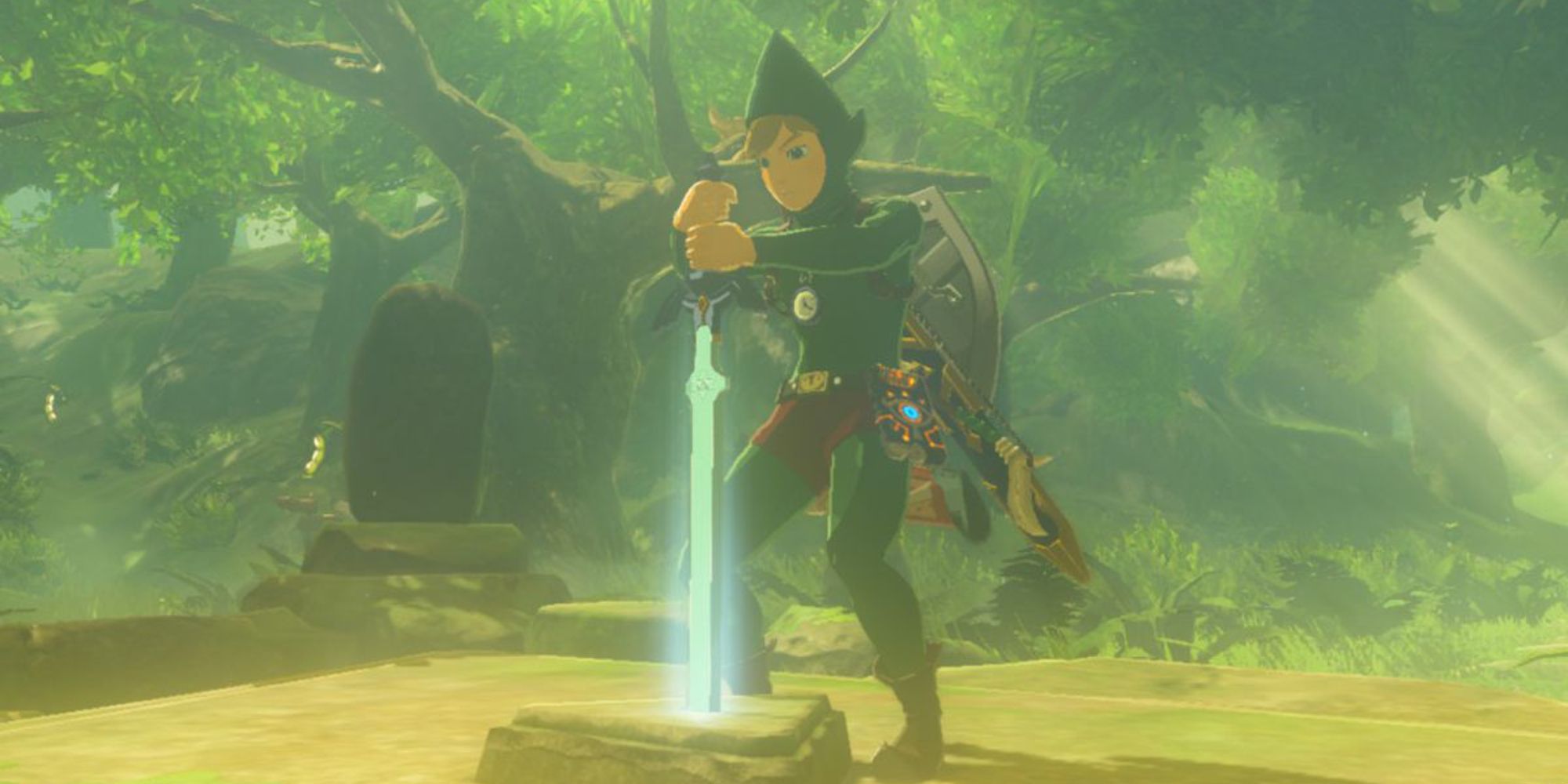 Link dressed as Tingle pulling the Master Sword
