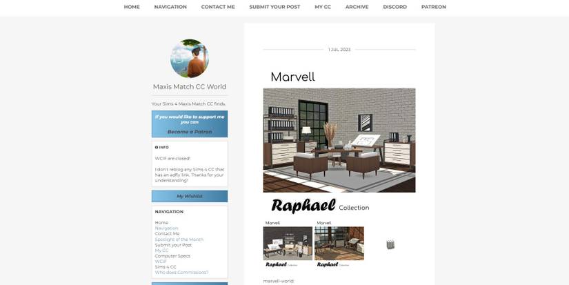 The front page of the Maxis Match CC World website advertising custom content