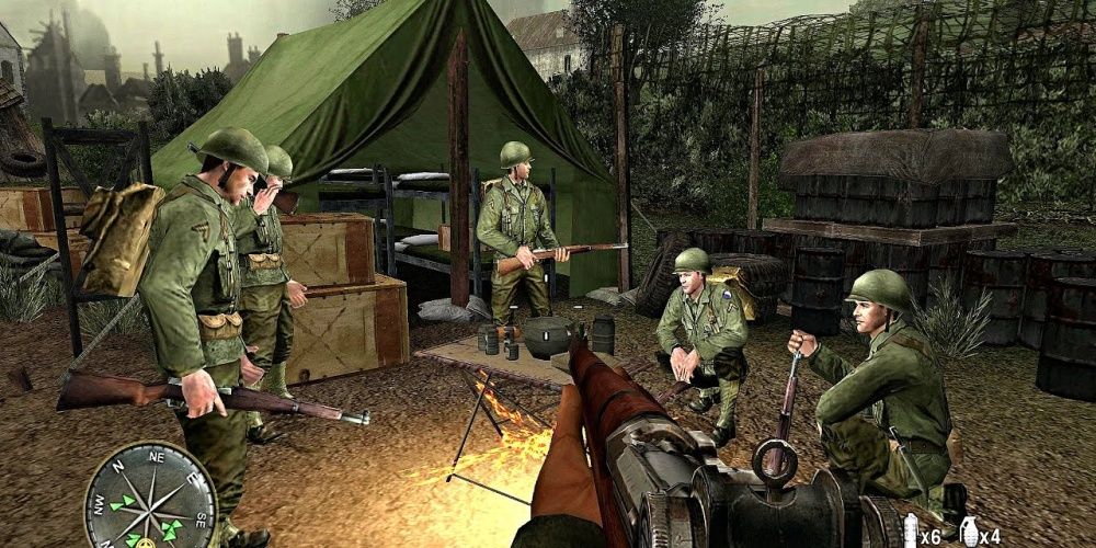 call of duty 3 soldiers around a camp sight