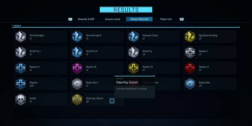 The Medals page froma post-match summary in Exoprimal