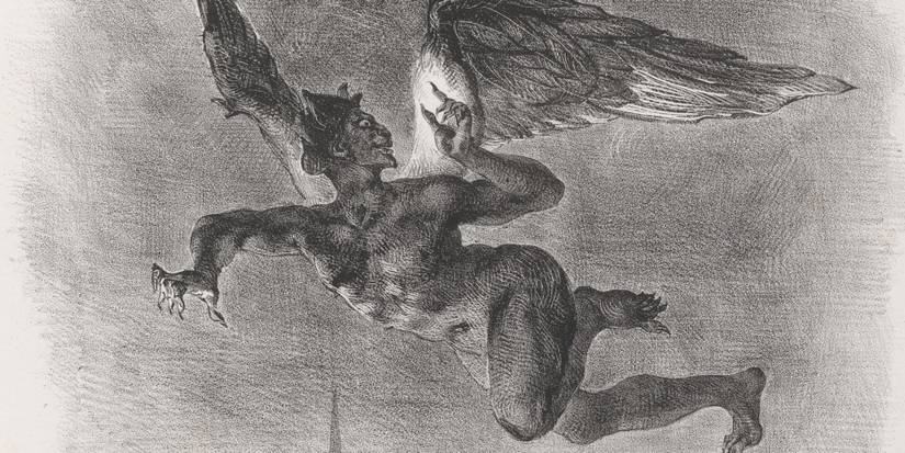 Mephistopheles flying over Wittenberg, in a lithograph by Eugène Delacroix cropped