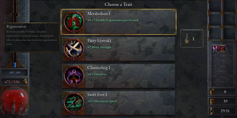 The Metabolism trait as it appears on the level-up menu in Halls of Torment