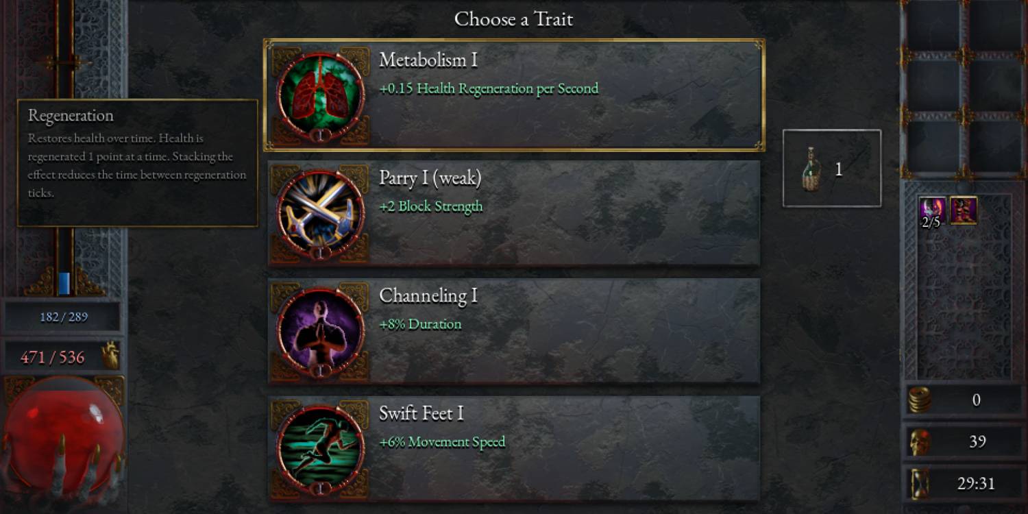 The Metabolism trait as it appears on the level-up menu in Halls of Torment