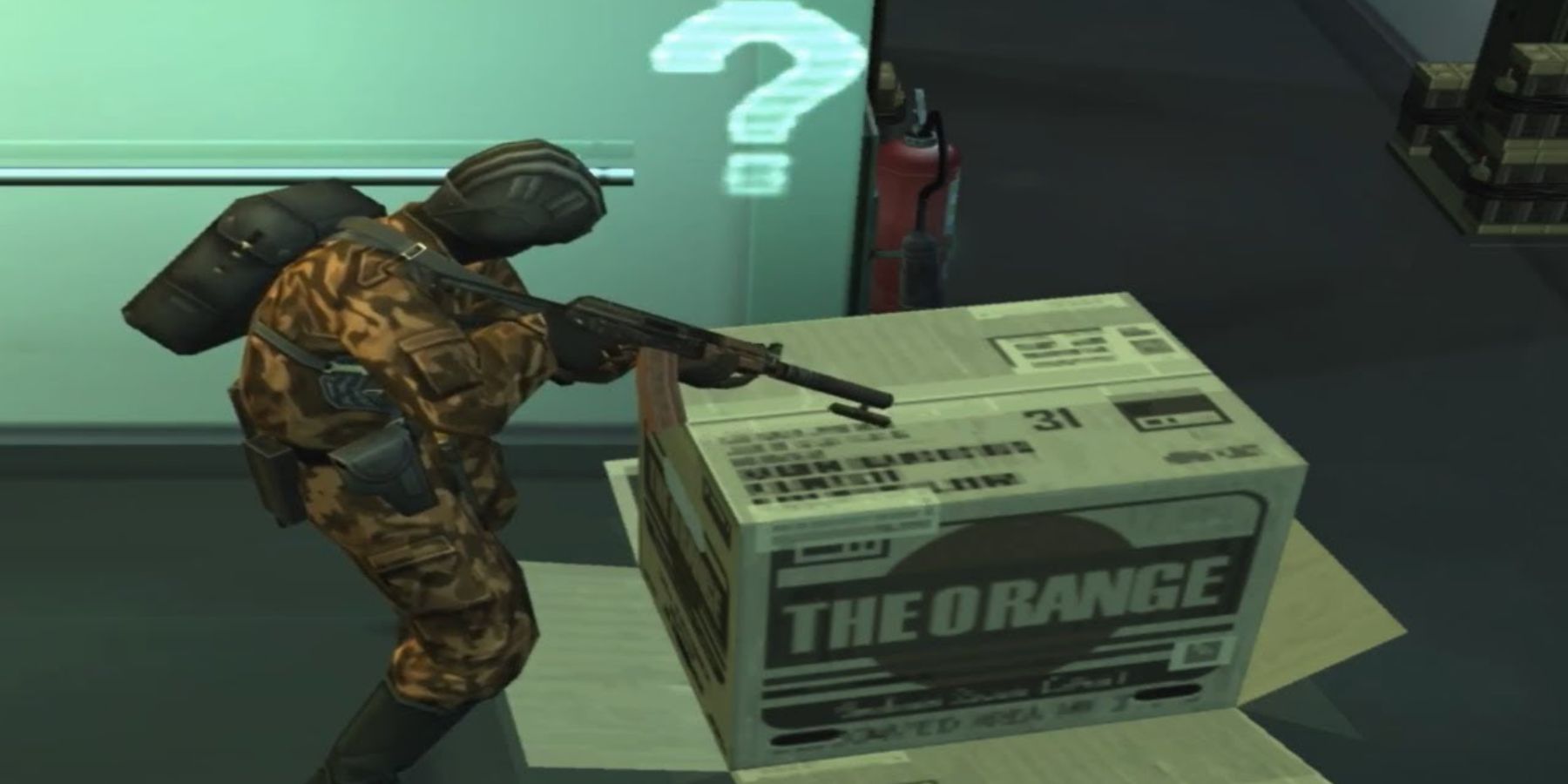 Solid Snake hiding inside a Cardboard Box