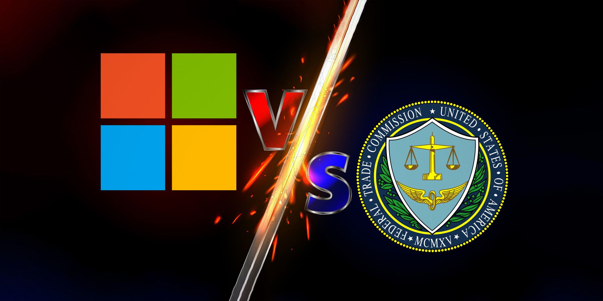 Microsoft logo vs Federal Trade Commission FTC versus screen