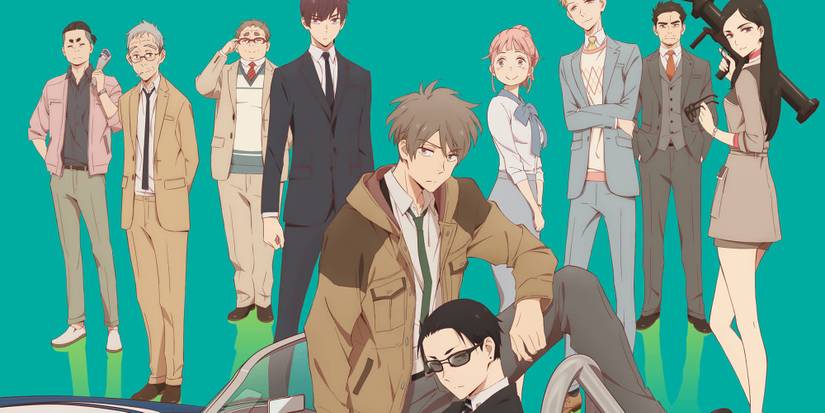 The cast of the anime standing or sitting in front of a turquoise background. 