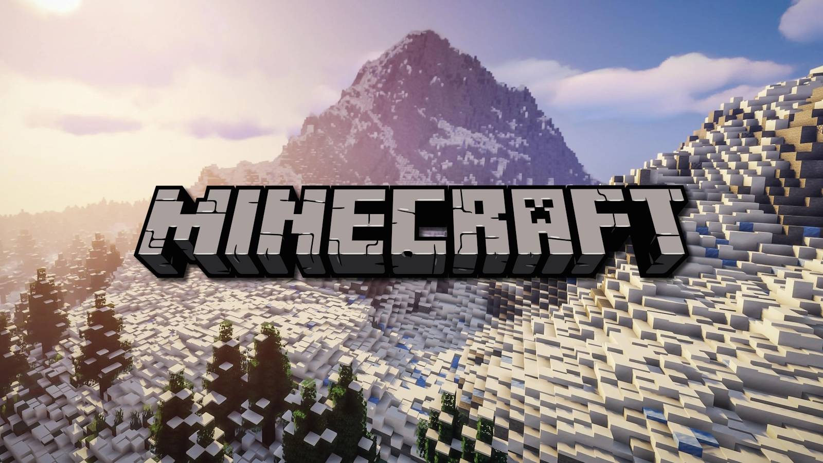 Screenshot of a mountain in Minecraft overlaid with game logo