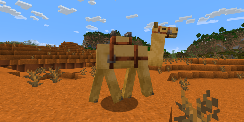 A camel with a saddle on walking through a mesa in Minecraft