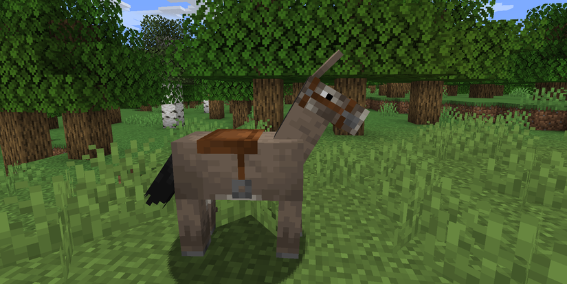 A saddled donkey walking near a forest in Minecraft