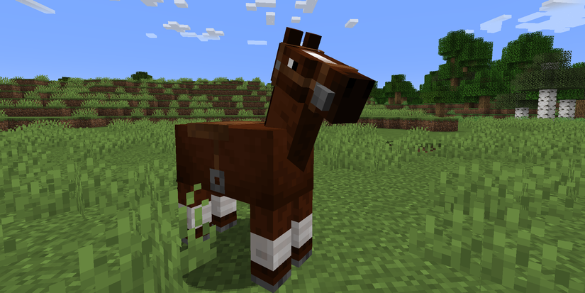 A saddled brown horse in standing in the plains with birch trees in the background in Minecraft
