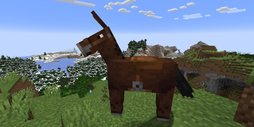 A saddled mule standing on a mountain overlooking a snowy taiga in Minecraft