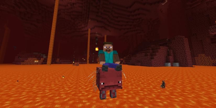 Steve riding a Strider in the Nether on lava in Minecraft