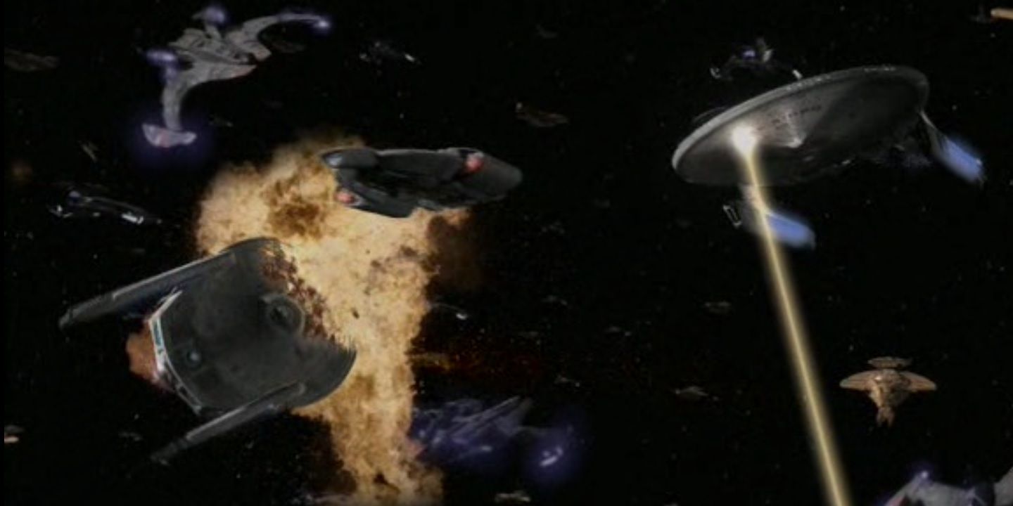 Miranda-class starships explode during a battle with the Dominion.