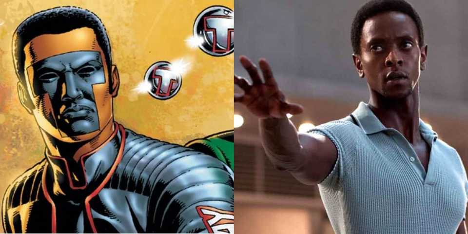 A split image features the Michael Holt version of Mister Terrific in DC Comics and Edi Gathegi as Darwin in X-Men First Class