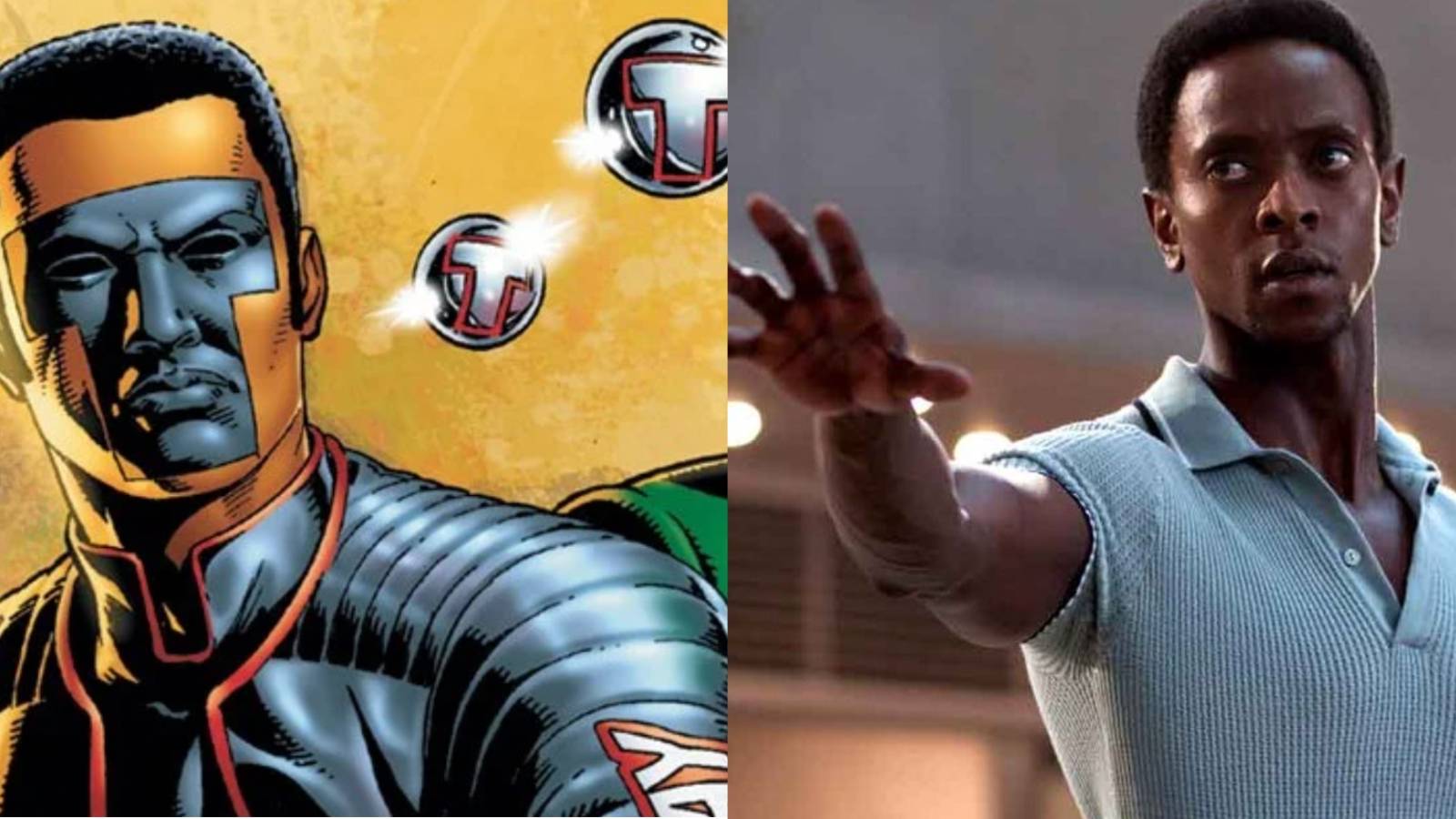 A split image features the Michael Holt version of Mister Terrific in DC Comics and Edi Gathegi as Darwin in X-Men First Class