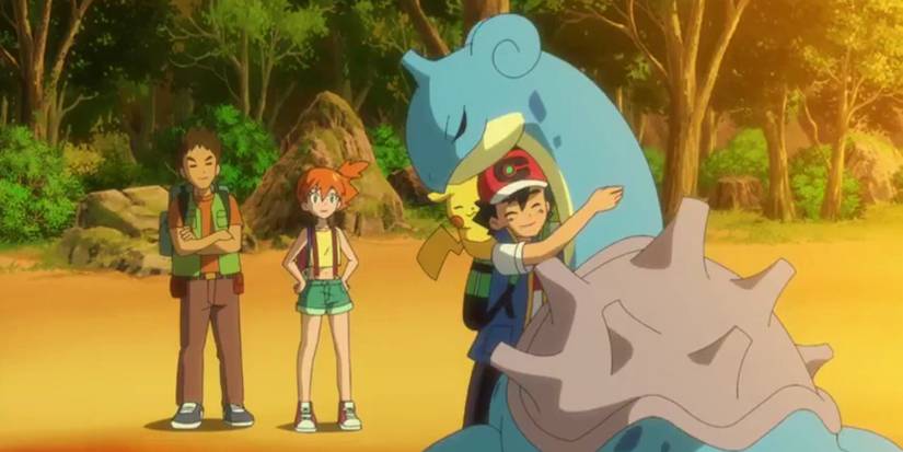 Misty and Brock watching Ash hug Lapras