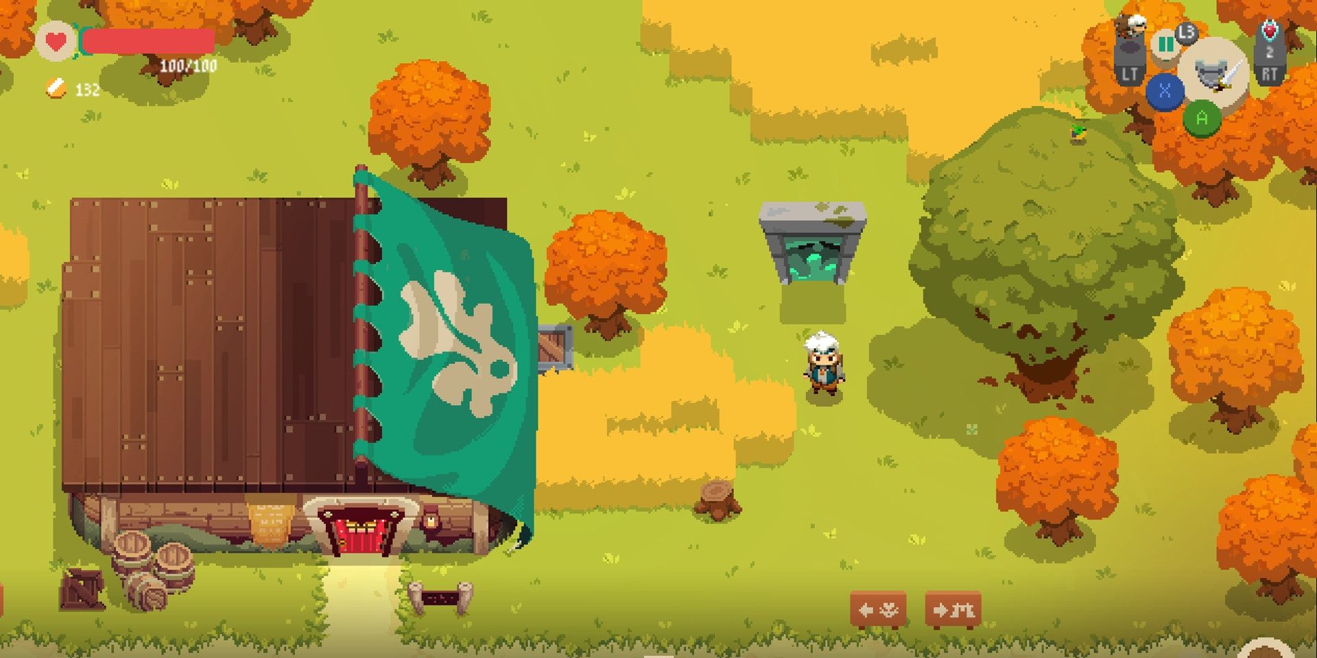 The shopkeeper of Moonlighter standing in front of a portal next to their shop that will lead to a new realm