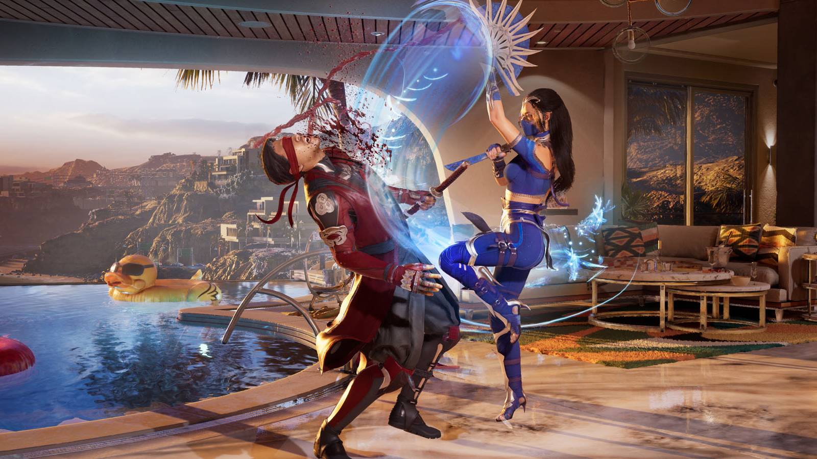 A screenshot of Kitana slashing Kenshi with her fans in Mortal Kombat 1.