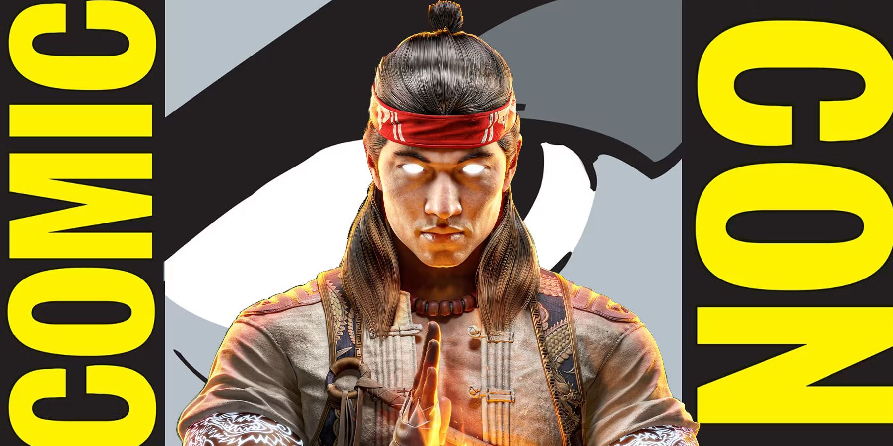 An image of Mortal Kombat 1's Liu Kang standing in front of the Comic-Con logo.