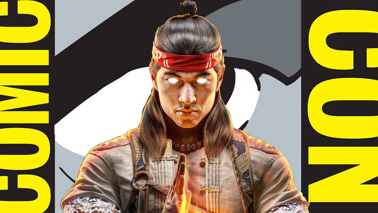 An image of Mortal Kombat 1's Liu Kang standing in front of the Comic-Con logo.