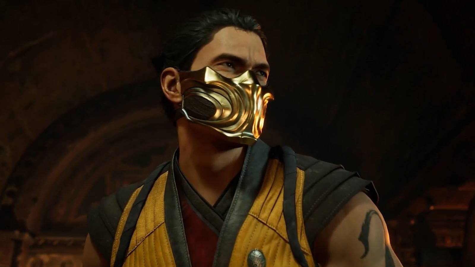A close-up screenshot of Scorpion looking to his right in Mortal Kombat 1.