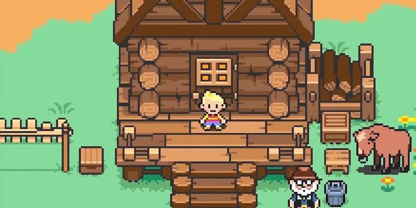 lucas from mother 3 standing in front of a wooden house