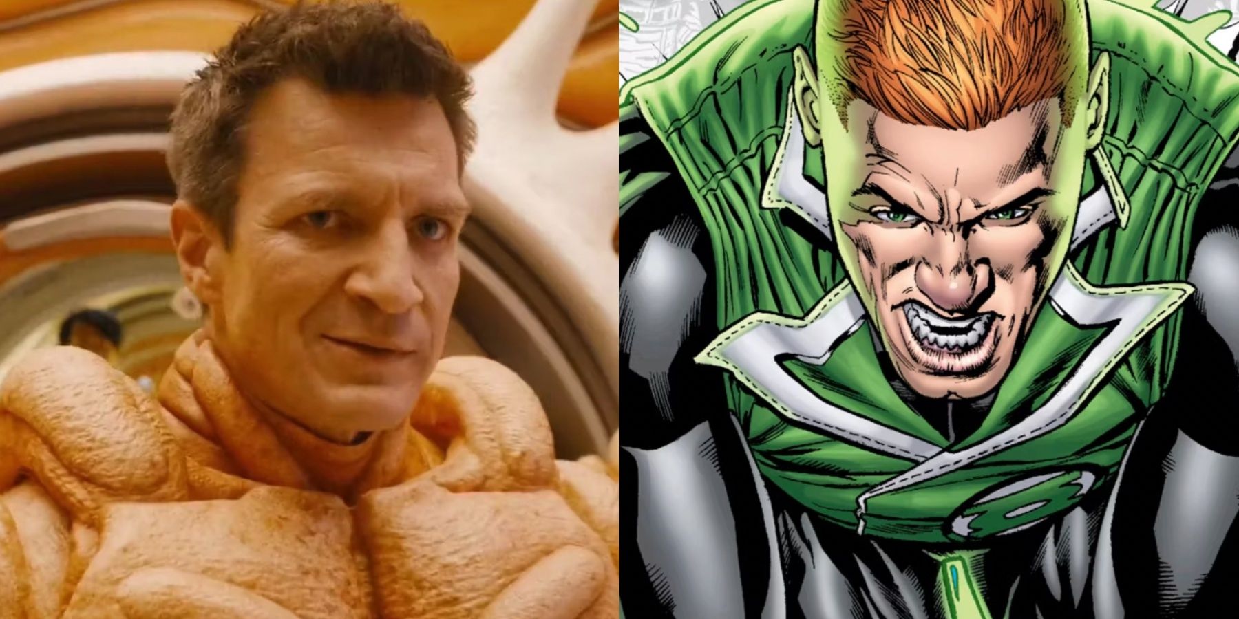 A split image features Nathan Fillion in Guardians of the Galaxy vol 3 and Guy Gardner in DC Comics