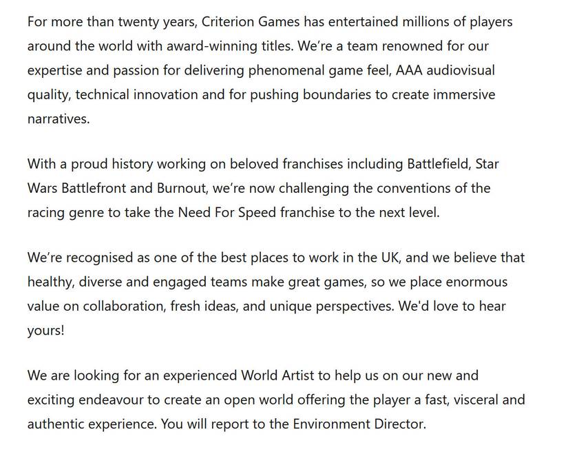 A screenshot from a job listing by Criterion Games for a world artist for the next Need for Speed.