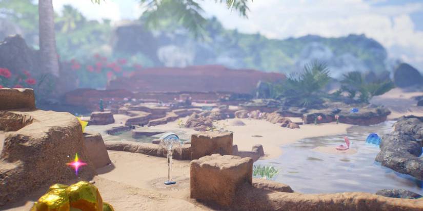 A screenshot from Pikmin 4 showing the new Beach environment.