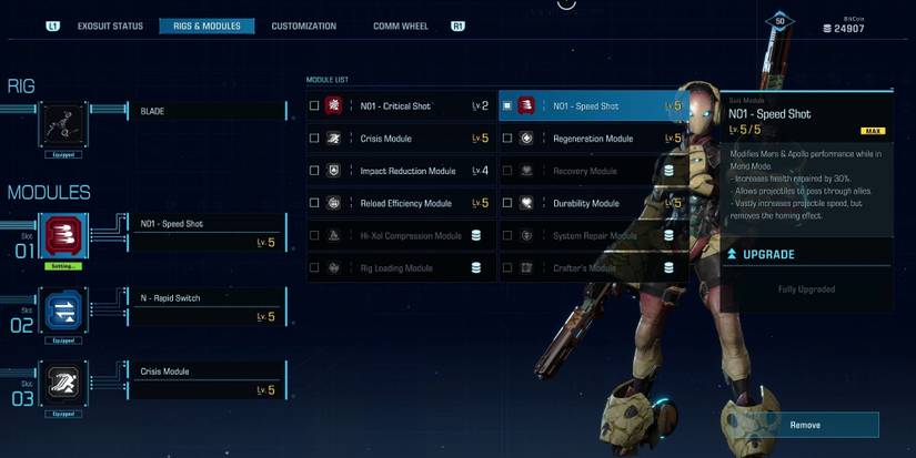 The Nimbus Modules screen from Exoprimal