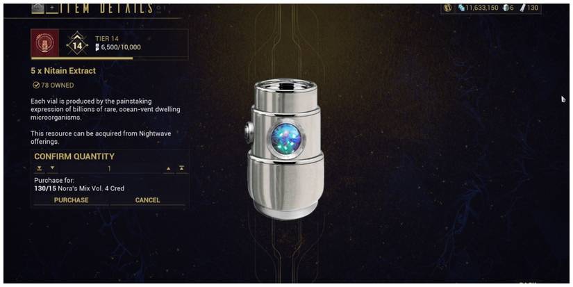 Nitain extract resource in the Nightwave credit shop