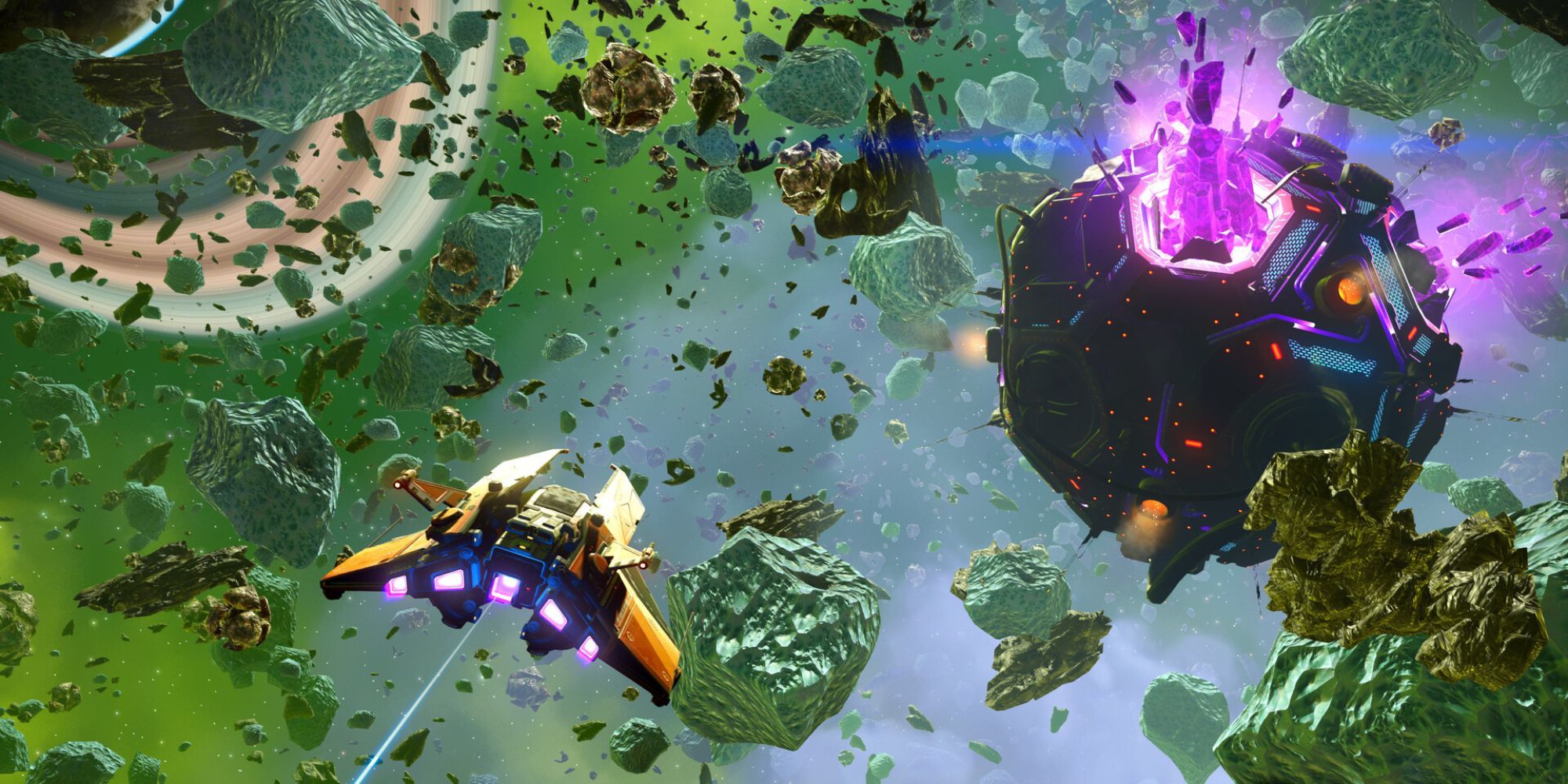 A player flying through space in No Man's Sky