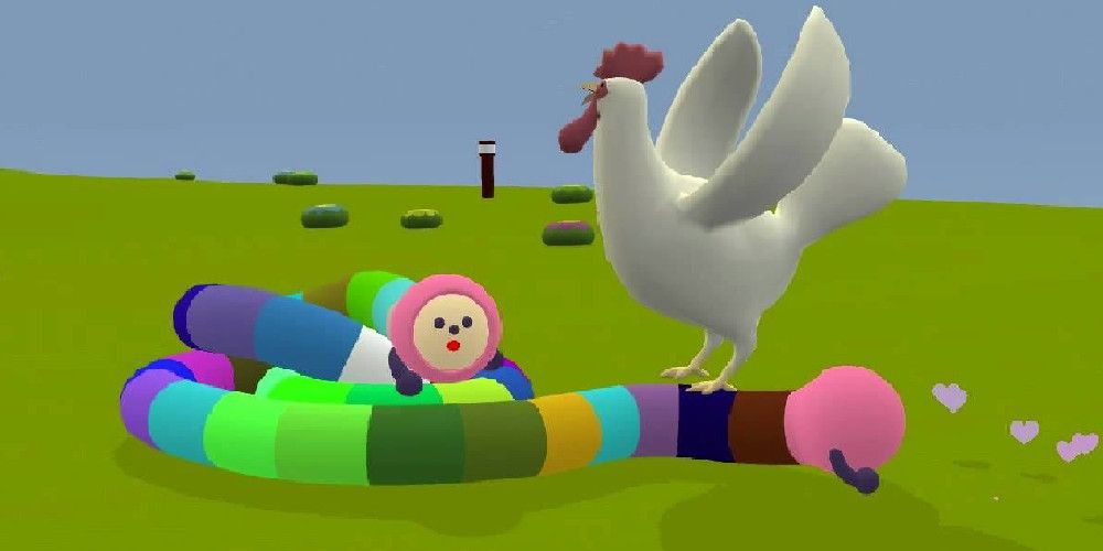 The multi-colored, worm-like Boy and a giant chicken.