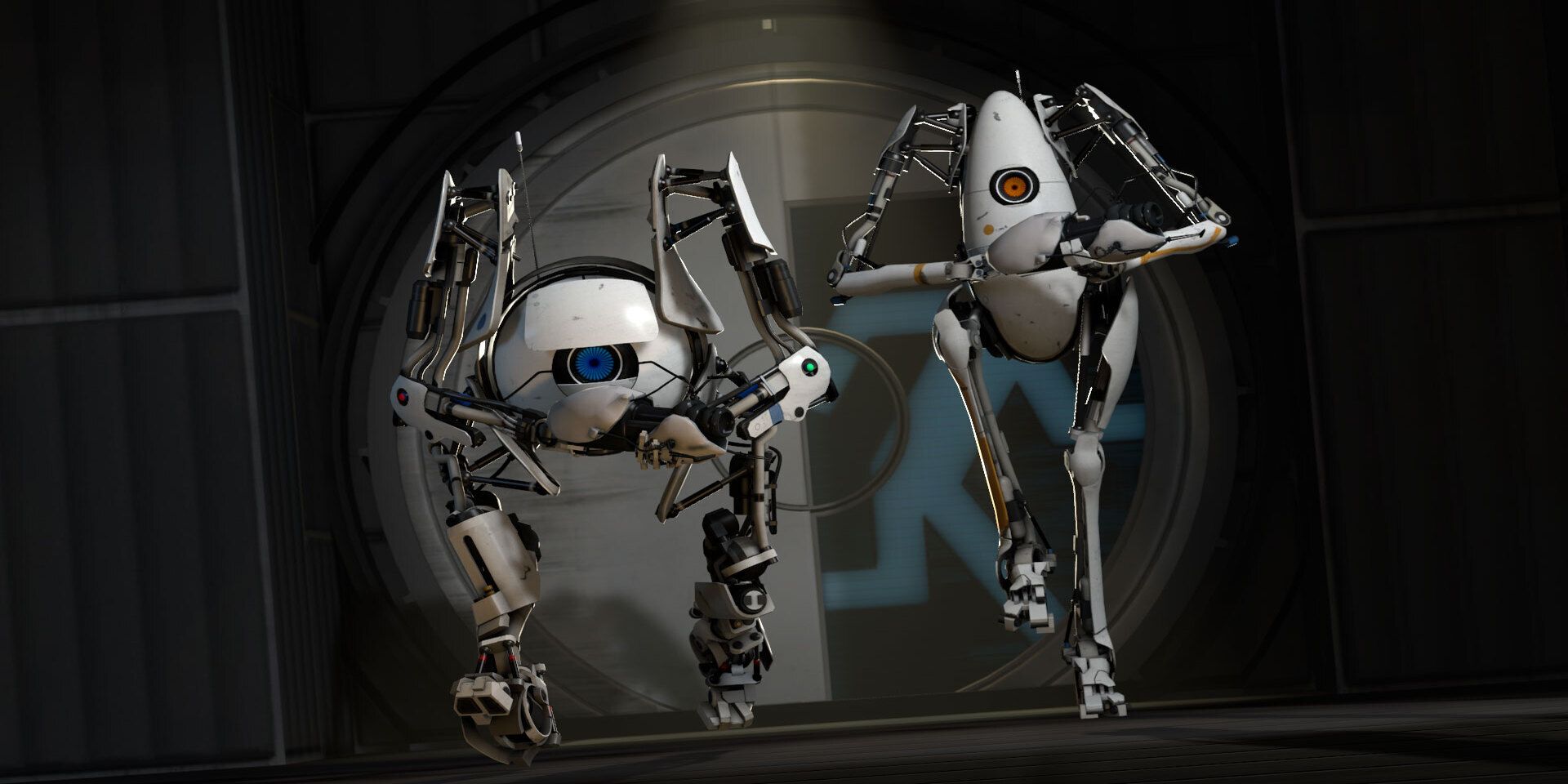 The two co-op player character robots run toward the camera with portal guns in hand.
