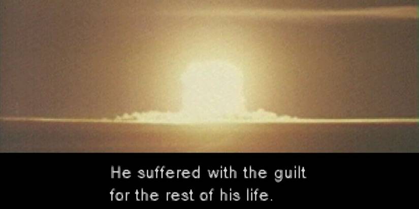 Cutscene From MGS 1 with an Atomic Bomb Exploding in the background