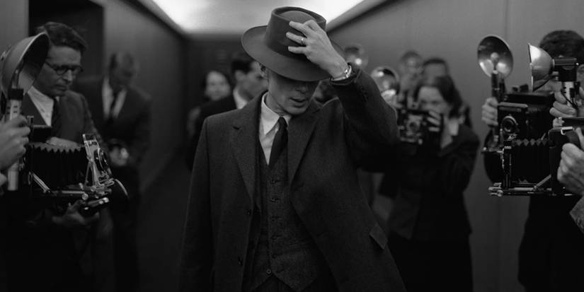 Oppenheimer is photographed in a hallway in Oppenheimer